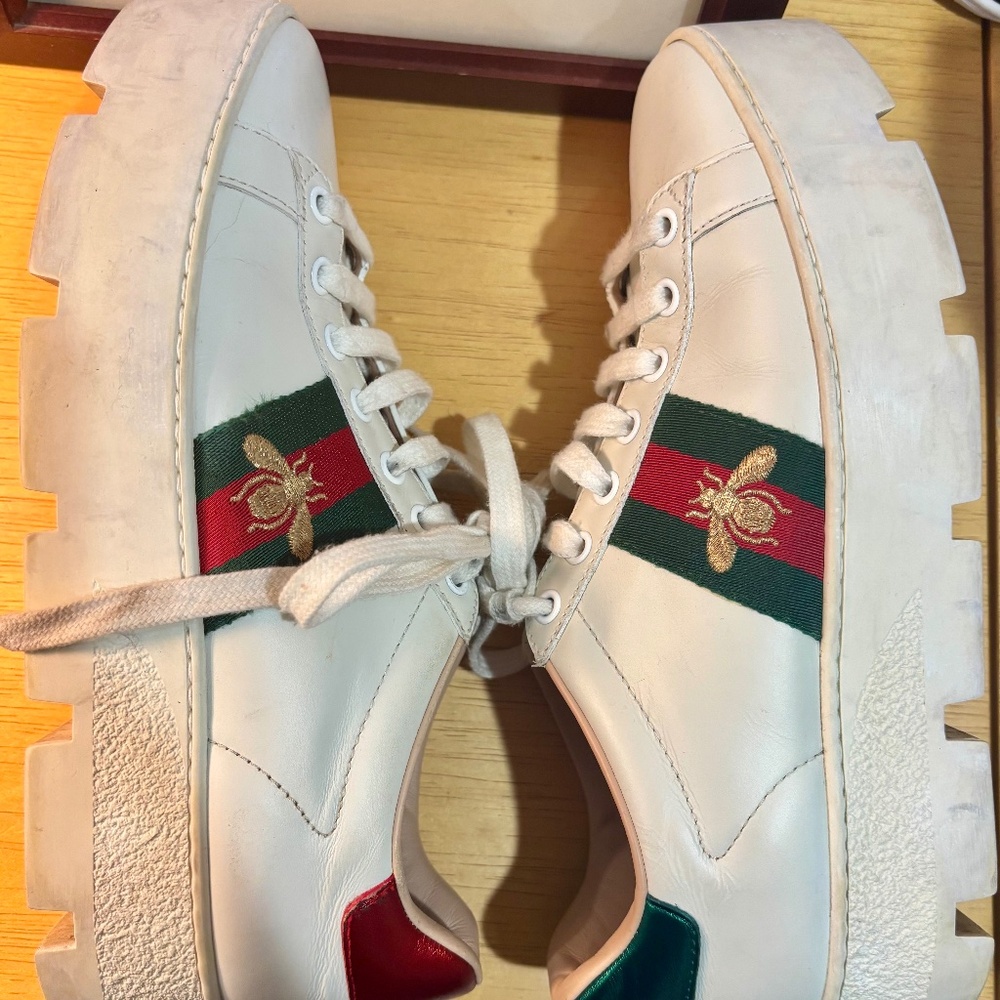 Gucci Ace Bee Platform Embroidered White Leather Women Sneakers 37.5/7.5 Italy